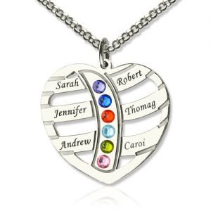 Collar de mamá y #039; con nombre de 6 niños y piedra de nacimiento en plata esterlina
