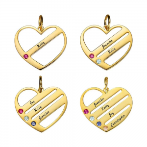 Birthstone Heart Necklace with Engraved Names - Gold Plated