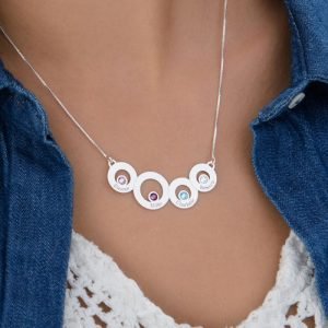 שרשרת עיגולים עם חריטה ואבני לידה בכסף סטרלינג
