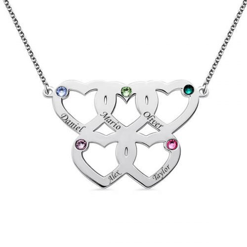 Grabado de cinco corazones collar con piedras de nacimiento