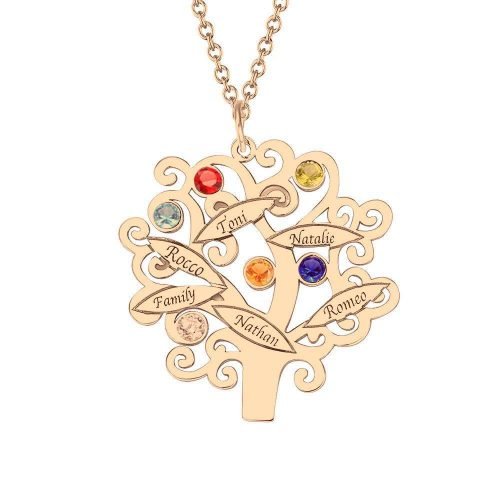 Collar de árbol genealógico chapado en oro rosa con piedras natales
