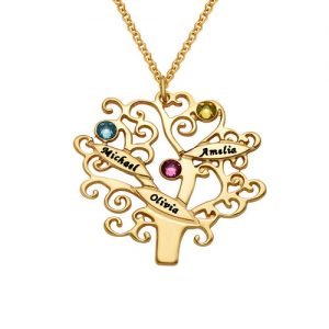 Collar de árbol genealógico chapado en oro con piedras natales