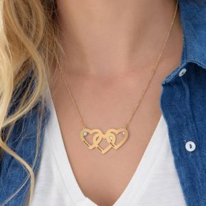 Collar de corazones entrelazados con piedras natales - Chapado en oro