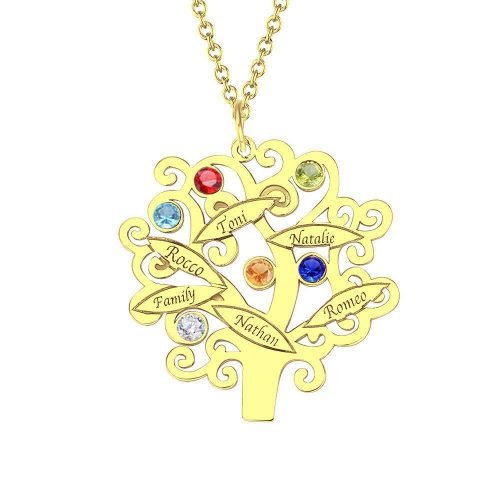 Collar de árbol genealógico chapado en oro con piedras natales