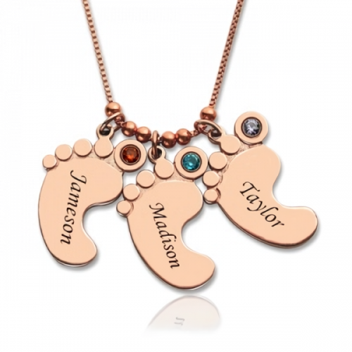 Personalized Mother's Necklace Baby Feet Charm - Rose Gold Plated