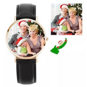 לשני המינים Rose Goldtone Photo Watch רצועת עור שחורה