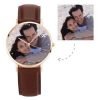 Unisex Rose Goldtone Photo Watch Correa de cuero marrón