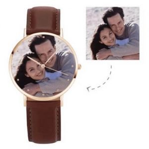 לשני המינים Rose Goldtone Photo Watch רצועת עור חומה