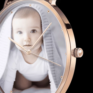 לשני המינים Rose Goldtone Photo Watch רצועת עור שחורה