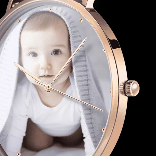 לשני המינים Rose Goldtone Photo Watch רצועת עור שחורה