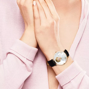 לשני המינים Rose Goldtone Photo Watch רצועת עור שחורה
