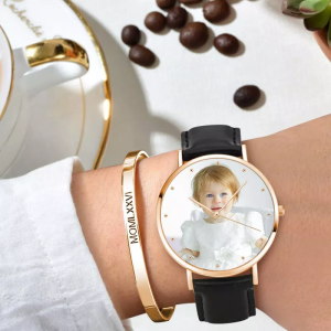 לשני המינים Rose Goldtone Photo Watch רצועת עור שחורה