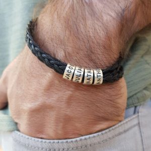 Personalized Sterling Silver Men Braid Black Bracelet with Small Custom Bracelets