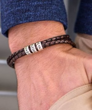 Personalized sterling silver men leather black bracelet